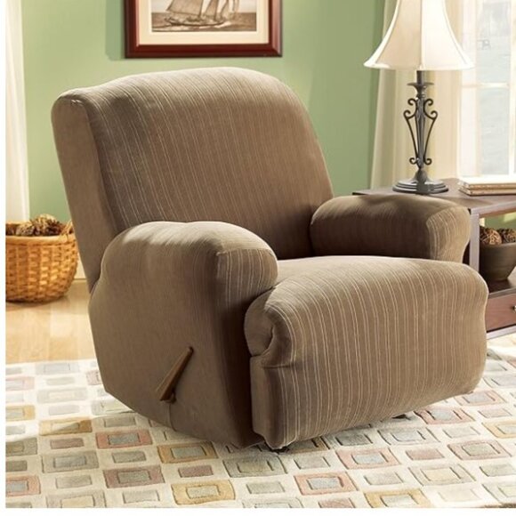 NWT SureFit Stretch Pinstripe 1-Piece - Recliner Slipcover - Taupe - Picture 3 of 5